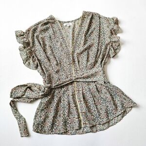Max Studio Floral Wrap Blouse Boho Top Ruffle Sleeve Peplum Tie Waist – Size M